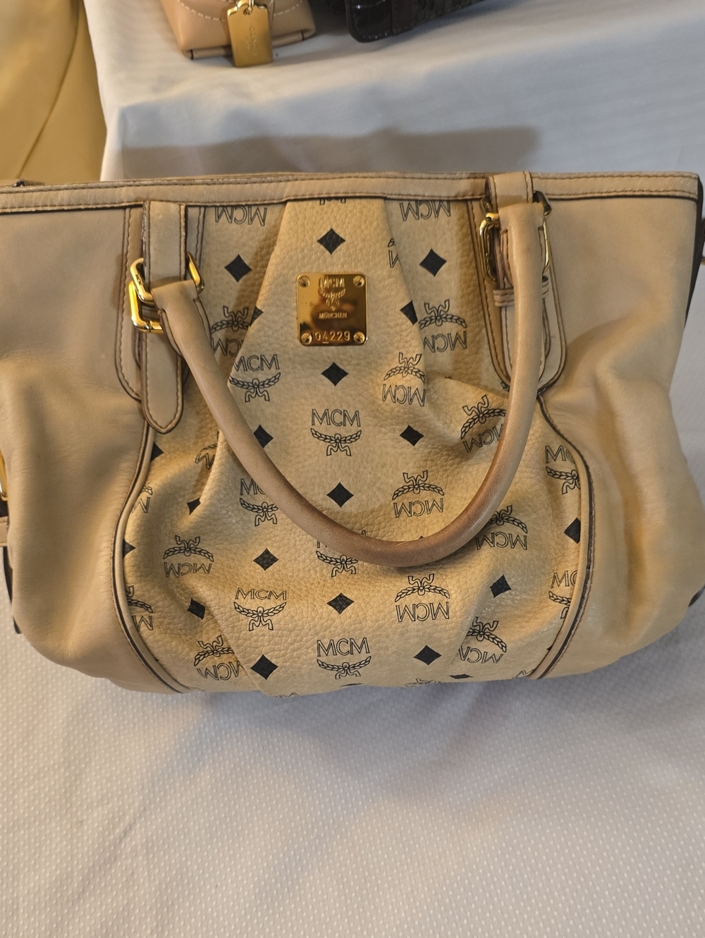 MCM Beige Monogram Leather Tote with Gold Plate